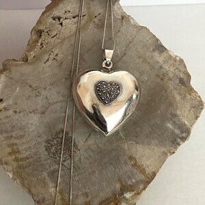 Sterling Silver 925 Hollow Puffy Heart Marcasite Pendant Necklace 24" Box Chain